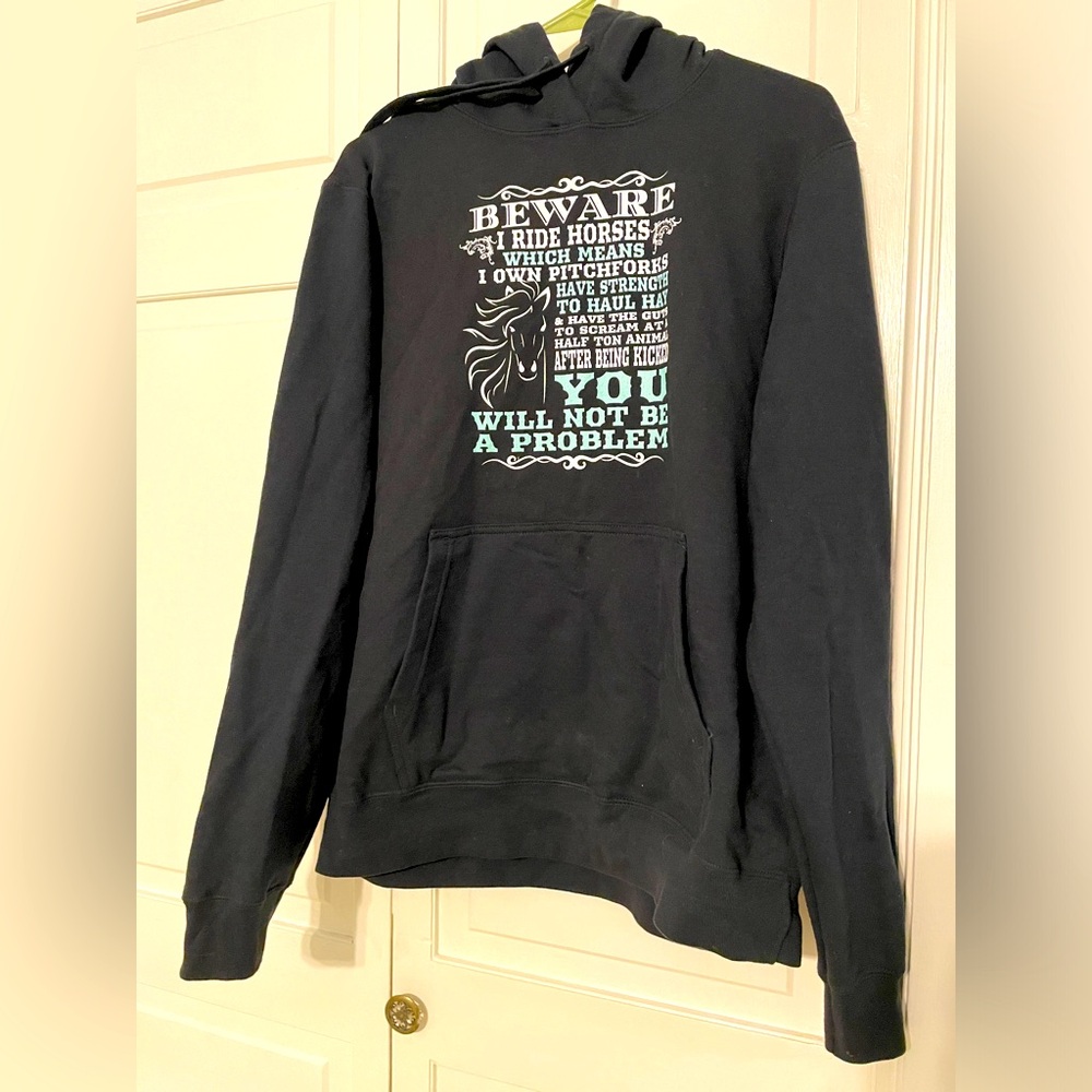 Port & Company black hoodie, Beware I ride with Horses, medium